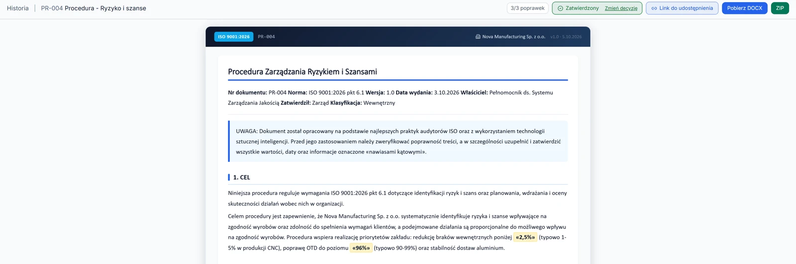 Wygenerowany dokument Procedura Zarządzania Ryzykiem i Szansami, PR-004, z nagłówkiem ISO 9001:2026, metryką dokumentu i notatką weryfikacyjną.